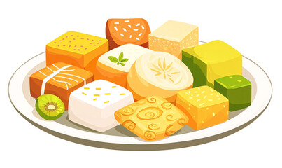 Vibrant Assortment of Colorful Cube-Shaped Sweets on a Simple White Plate