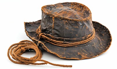 Weathered Dark Brown Leather Hat with Distressed Texture and Coiled Natural Fiber Rope