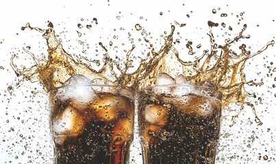 Dynamic Splash of Dark, Bubbly Cola with Ice Cubes in Clear Glasses