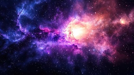 Naklejka premium Vibrant cosmic nebula with swirling colors and glowing stars in deep space, creating a mesmerizing view of the universe.