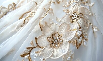 Intricate White Sheer Fabric Embellished with Gold Floral Embroidery and Sparkling Beads.