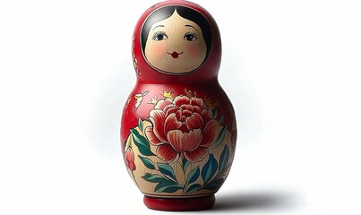 Intricately Painted Maroon Matryoshka Doll on White Background Showcasing Traditional Russian Folk Art