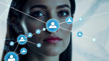 Digital DNA strands overlay concept featuring a woman in a futuristic setting, Woman with digital DNA strands overlay, concept for biotechnology and innovation - Powered by Adobe