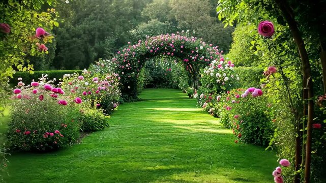 Lush garden pathway with rose covered arches inviting strolls among vibrant blooms, Lush garden with rose covered arch and green pathway