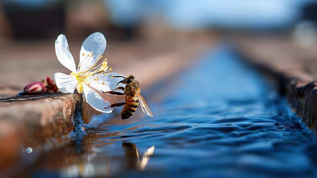 Bee collecting nectar from white flower near clear water stream, closeup macro with vibrant colors, nature pollination in spring, reflection on petal, outdoor wildlife scene, freshness and beauty