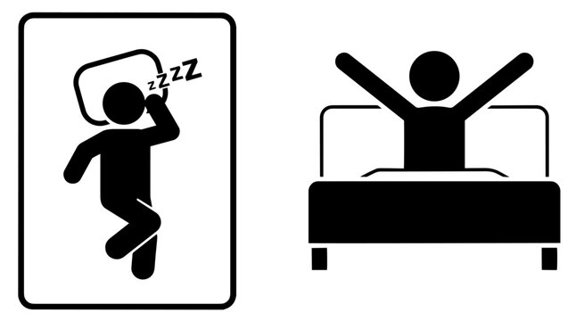 Sleep and Wake Up. Black Silhouettes of Person Sleeping with Pillow and Stretching in Bed After Rest. Healthy Sleep, Relaxation, Morning Routine, Energy Recovery, Circadian Rhythm, Stress Relief. Nigh