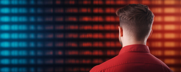 Minimalist view of a man observing a glowing dashboard with interactive graphs in a tech-driven workspace during the evening