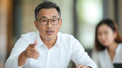 Fototapeta premium Middle-aged Asian man presents motivational chart during team meeting in professional office setting
