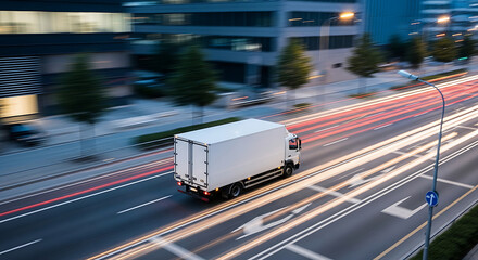 Fast Moving Delivery Truck on City Road at Dusk