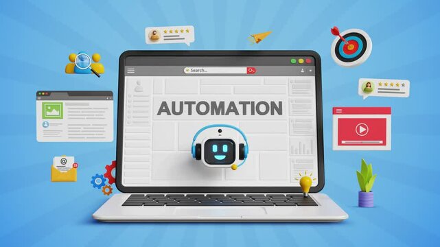 AI-Driven workflow, automated marketing campaigns, business process automation. Data management, analytics, KPI, digital promotion. Laptop with smart bot assistant, marketing icons. 4K 3D animation