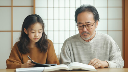 Father and daughter study English vocabulary together in a traditional tatami room filled with natural light