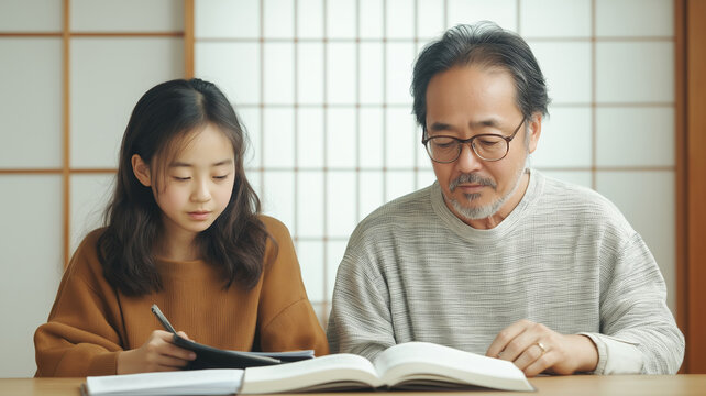 Father and daughter study English vocabulary together in a traditional tatami room filled with natural light
