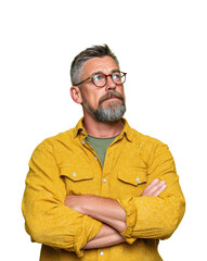 Contemplative man in yellow shirt portrait isolated on transparent background