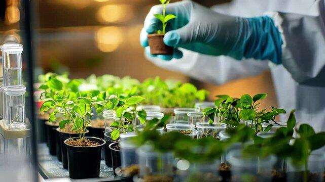 Research scientist conducting plant sample analysis in a laboratory setting with advanced equipment, Research scientist studying plant samples in laboratory and having a discussion with colleague