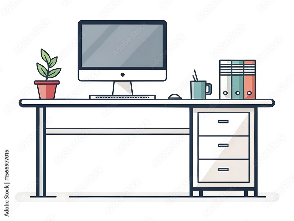 Fototapete Illustration of a desk with a computer plant files and a mug in a minimalist style drawing art - ai generated