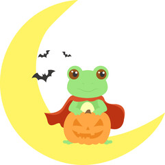 Halloween frog sitting on the moon with pumpkin and flying bats