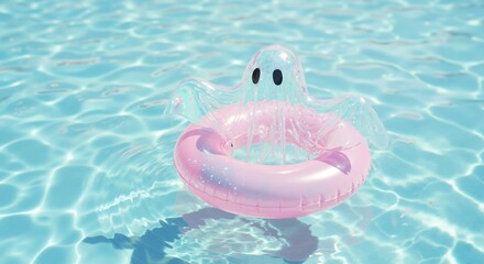 Ghost inflatable pool float with pink ring in clear blue water. Adorable spooky swimming accessory. Summer recreation and halloween theme. Pool toys, vacation equipment, resort services sale