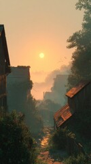 Sunrise over tranquil cityscape