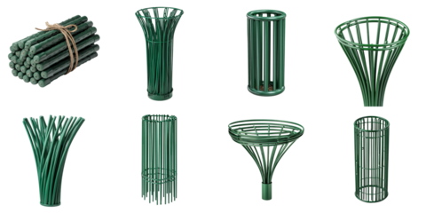 Set of garden stakes functional on white background, plant support