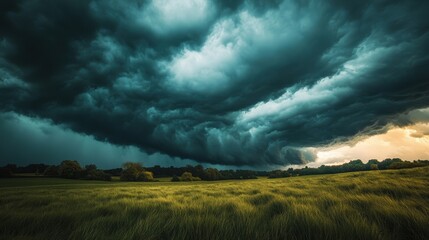 Dramatic Storm Clouds Loom Over a Green Field at Dusk