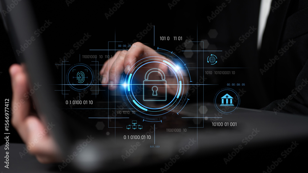 Poster cybersecurity system interface with biometric lock and data protection. cybersecurity protects acces