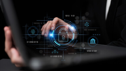 Cybersecurity system interface with biometric lock and data protection. Cybersecurity protects...