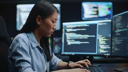 Asian Woman Coding on Multiple Computer Screens in a Dark Room, Focused - Powered by Adobe