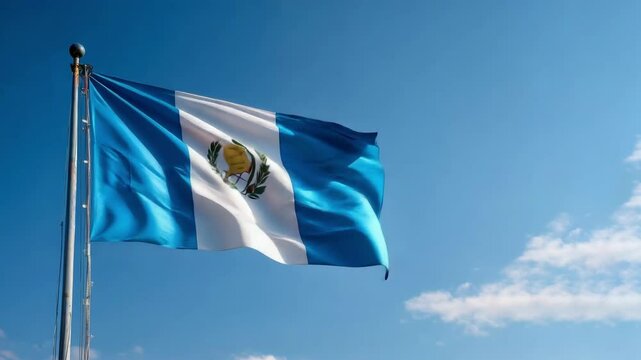 The vibrant flag of Guatemala showcases its blue and white colors with intricate details of the coat of arms on silky fabric.