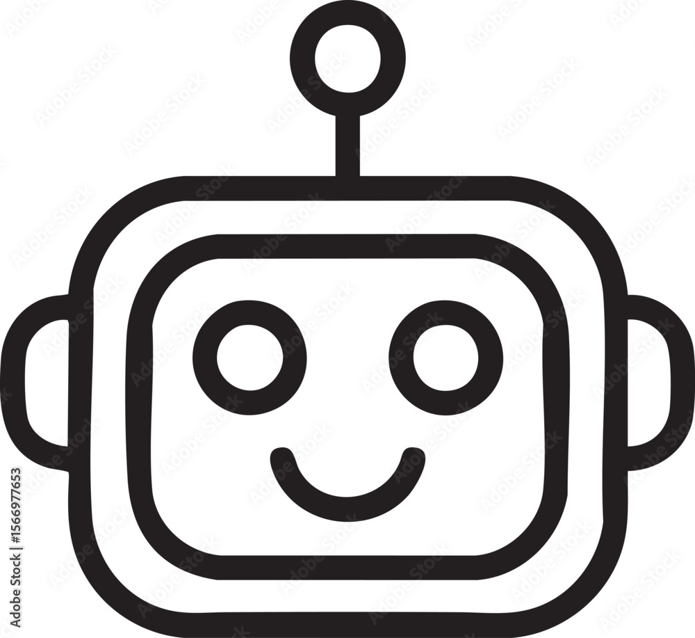 Poster outlined robot face icon with rounded edges smiling expression and antenna isolated on white backgro