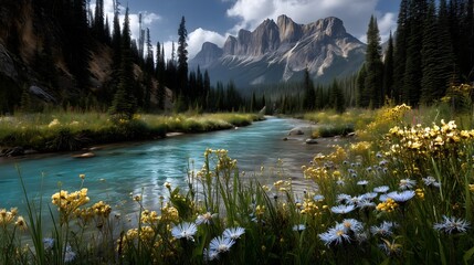 Turquoise river carving mountains canada nature scene