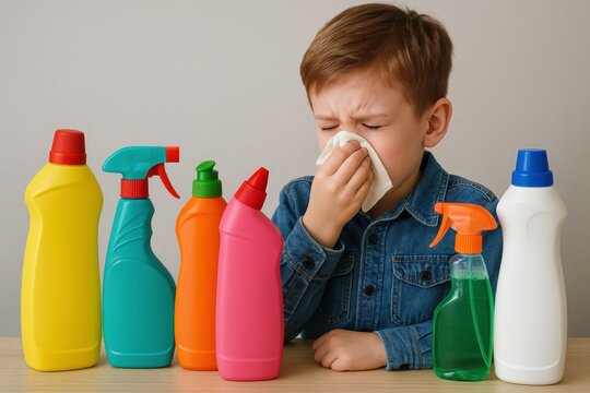 Child suffering from allergy or irritation, sneezing near colorful household cleaning products. Concept of chemical sensitivity, indoor pollution, or unsafe environment for kids.

