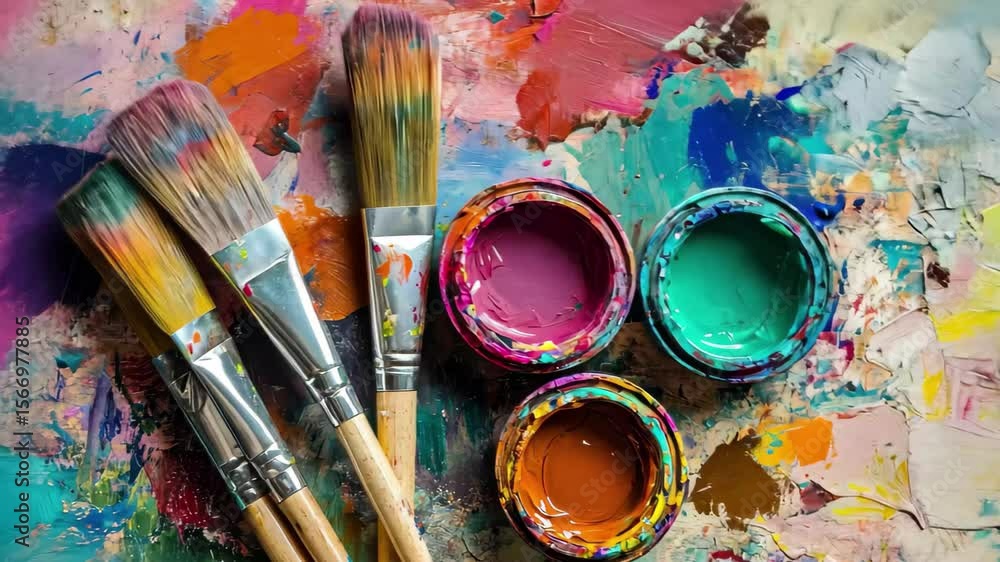 Poster exploring creativity with open paint containers and brushes on a colorful messy palette, open paint 