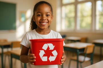 Smiling African American girl holds a red recycling bin with a white recycling symbol in a bright, blurred classroom with large windows. She looks happy and proud. Eco-friendly concept