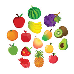 Colorful fruit collection vector icon on white background with apple, banana, kiwi, strawberry, mango, grapes, watermelon, and other healthy tropical fruits