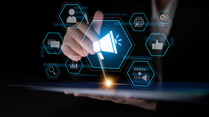Digital marketing promotion strategy using megaphone, social media marketing, digital ads video...