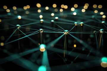 Digital data connections displayed through a network of glowing nodes in a dark setting, digital data processing with connections over computer servers