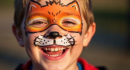 Happy child with orange tiger face paint smiling joyfully showing painted whiskers and nose. Cute toddler with colorful animal makeup design. Children entertainment concept