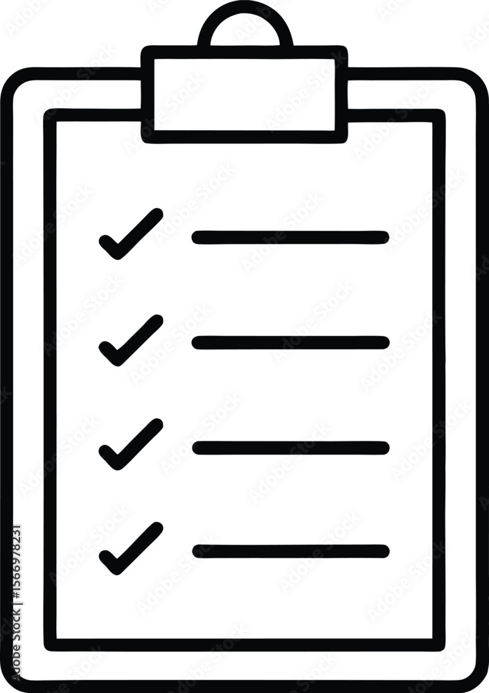 Poster minimalist clipboard checklist icon with line art style on transparent background