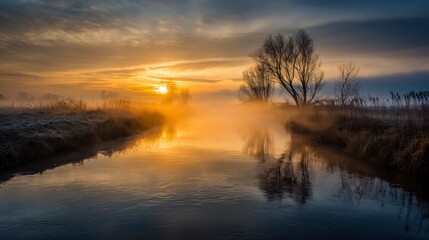 Sunrise over tranquil river with mist nature landscape