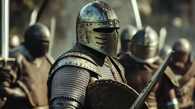Warriors engage in fierce sword and shield combat on a battlefield during medieval times, Fighting with swords and shields