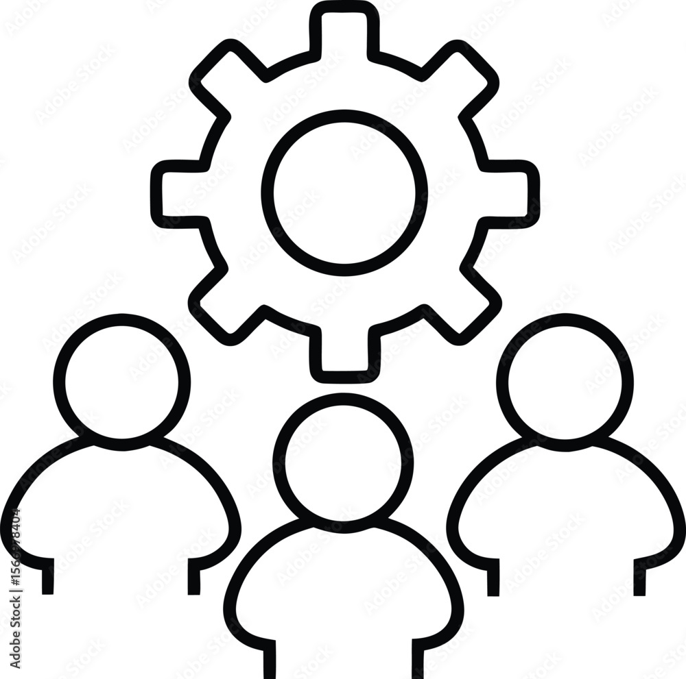 Poster minimal line art icon of teamwork on gear on transparent background