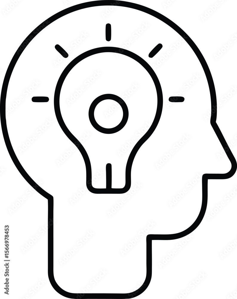 Poster minimal line art head with lightbulb icon on transparent background