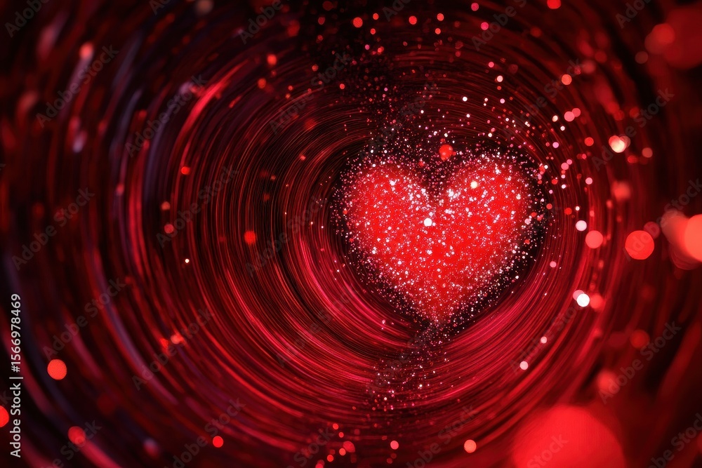 Poster colorful abstract heart shaped tunnel with red particles swirling around in a vibrant display, abstr