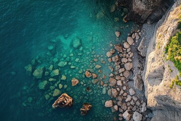 Fototapeta premium Rocky coastline and clear blue waters near Sorrento, Italy in late afternoon light, Sea coast near the city of Sorrento in Italy from a drone
