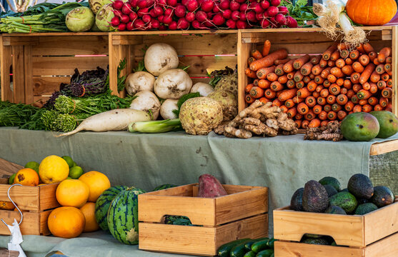 Fresh produce displayed at a bustling outdoor market featuring colorful vegetables and fruits on a sunny day