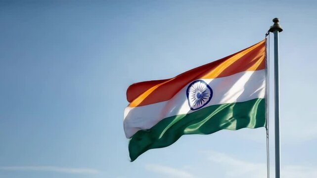 The flag of India flutters in the wind, displaying its bright colors under a clear blue sky filled with soft clouds.