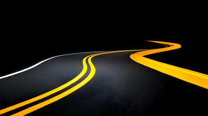 A winding, blue-sky, asphalt S-curve road that bends through a desolate wilderness