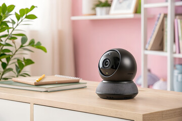 Modern black smart home security camera on a desk. Concept for home surveillance, baby monitoring, or pet cam in a stylish office or nursery generative ai