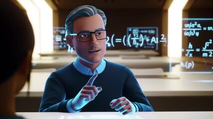Animated Professor Explains Math Equations to a Student in a Futuristic Classroom - Powered by Adobe