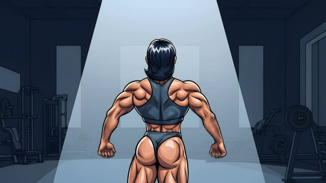Cartoon female bodybuilder flexing in spotlight at stylized animated gym for fitness projects